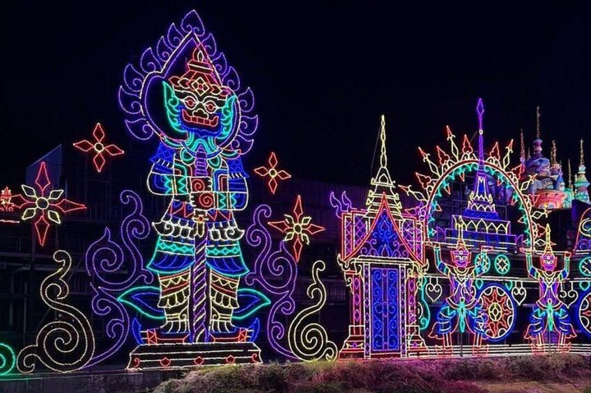Illuminated architectural structures with intricate designs and patterns. 5