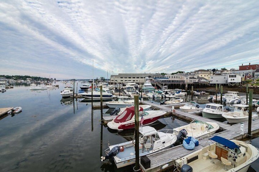 A marina with boats docked, a clear sky, and buildings in the background. 4