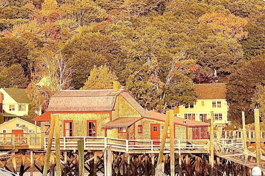 A wooden dock leading to a house with a red roof, surrounded by autumn-colored trees. 3
