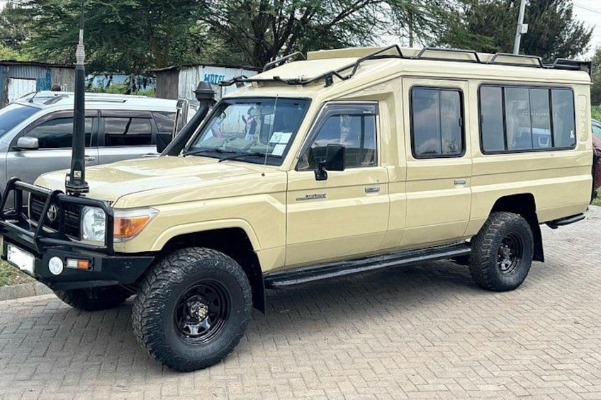 A beige off-road vehicle parked on a paved surface with a roof rack and large tires. 3