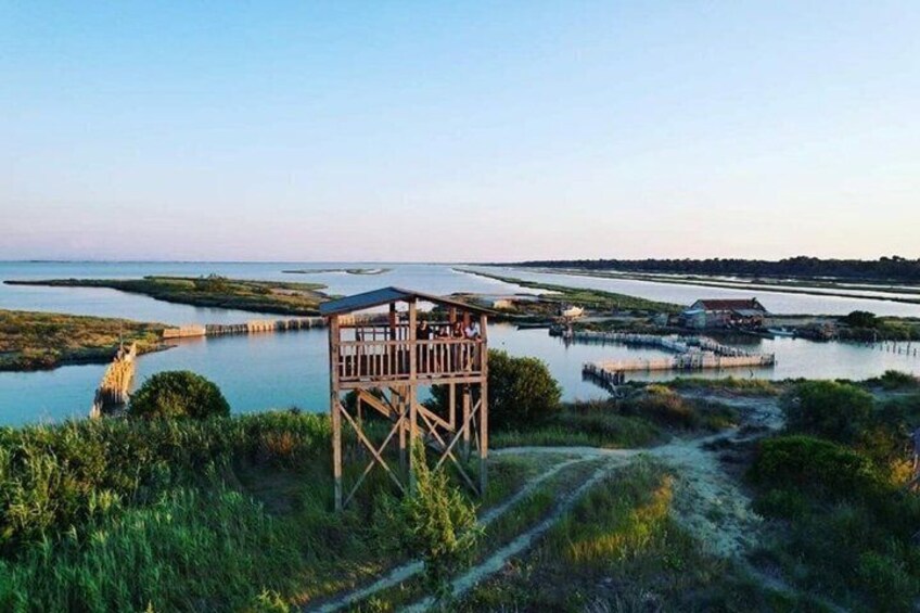 A wooden observation tower overlooking a marshy landscape with water channels and distant structures. 2