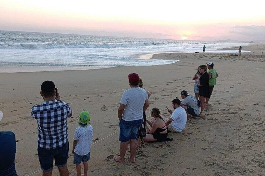 A beach with people sitting and standing, some taking photos, and the ocean in the background. 4