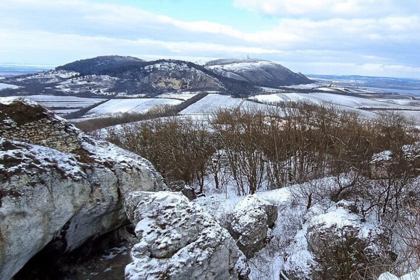 A snowy landscape with rocky outcrops and leafless trees. 5