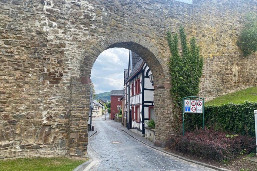 A stone archway, cobblestone street, traditional buildings, and a no parking sign. 3