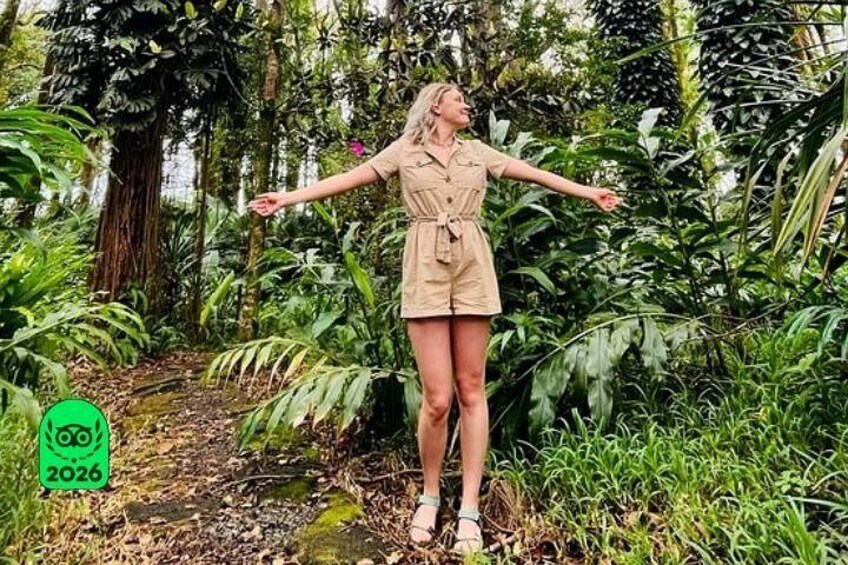 Eine Person in einem beigen Outfit steht in einem üppigen, grünen Wald mit Bäumen und dichter Vegetation. 1