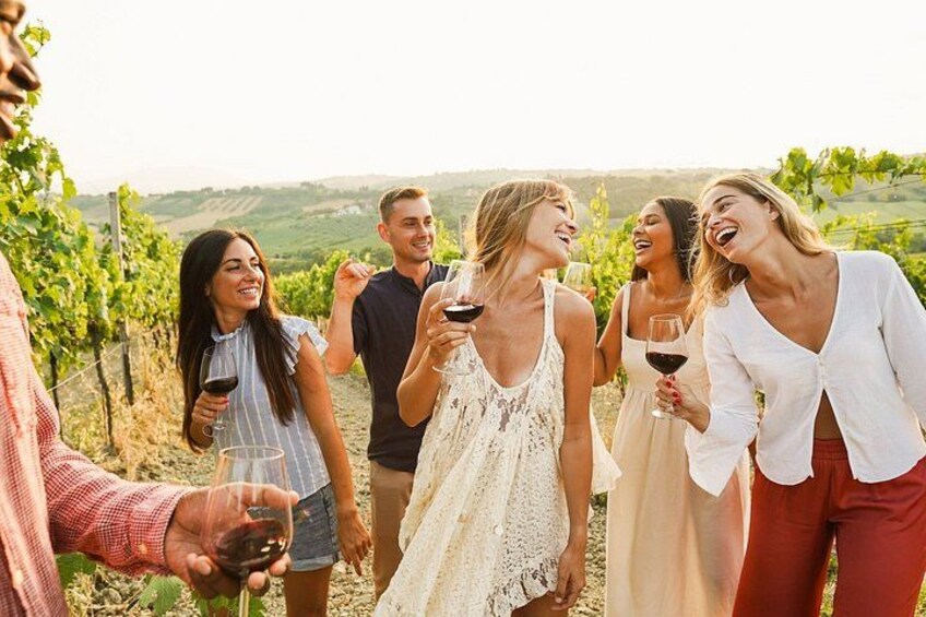 Un groupe de personnes se trouve dans un vignoble, chacune tenant un verre de vin. 1