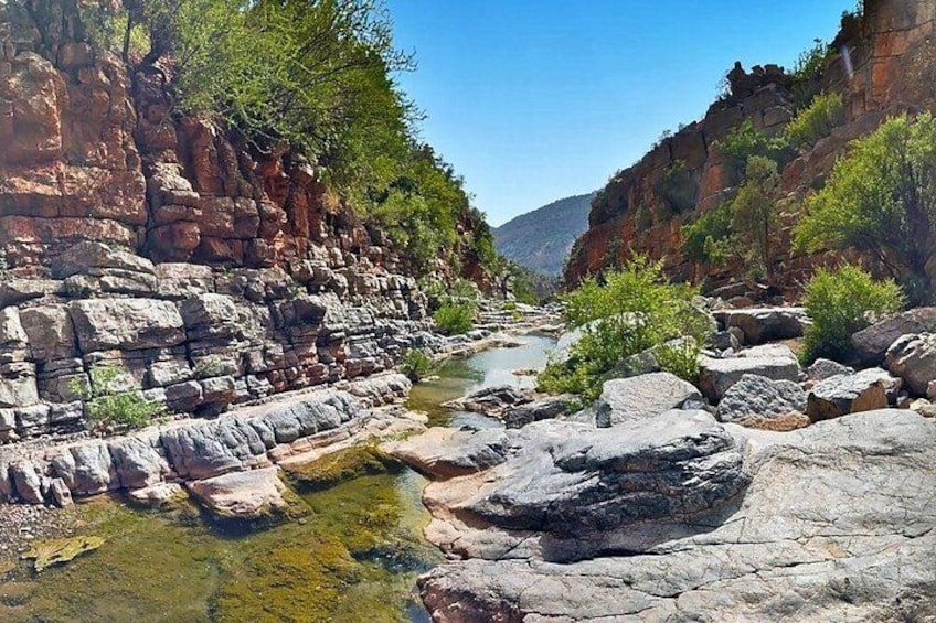 A canyon with layered rock formations, a clear stream, and green vegetation. 1