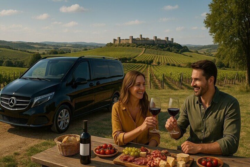 A couple enjoying a picnic with wine and cheese in a vineyard with a castle in the background. 1