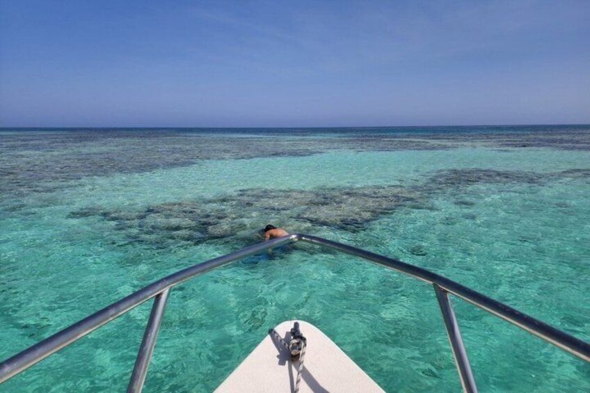 A person snorkeling in clear turquoise water from a boat. 4