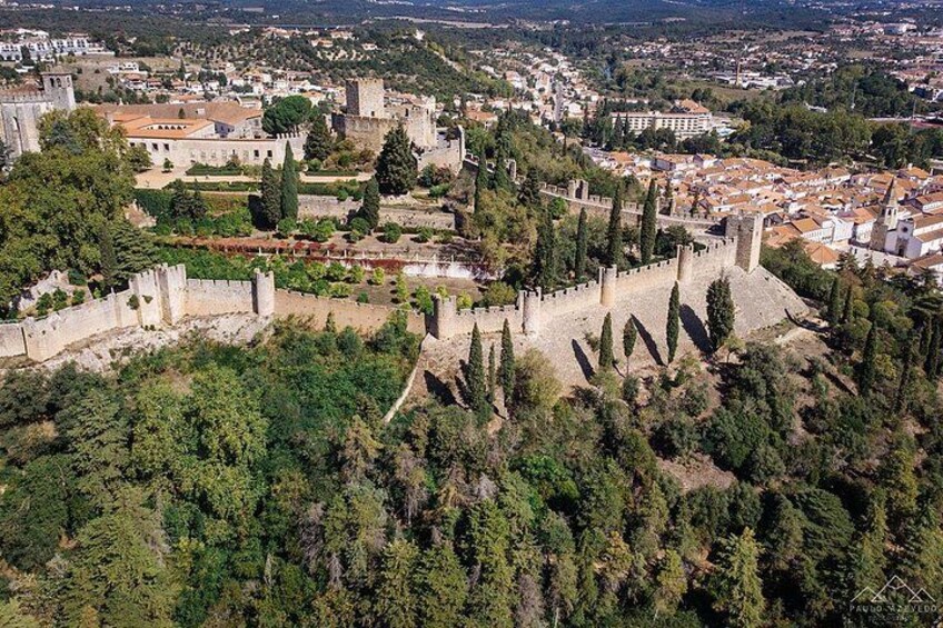 Eine Vogelperspektive auf eine historische Stadt mit einer markanten Burg, dichter Vegetation und einer Mischung aus traditionellen und modernen Gebäuden. 5