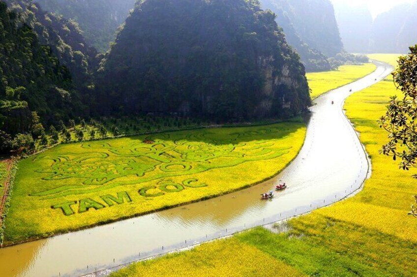 A river winding through a rice paddy with a boat on the water. 2
