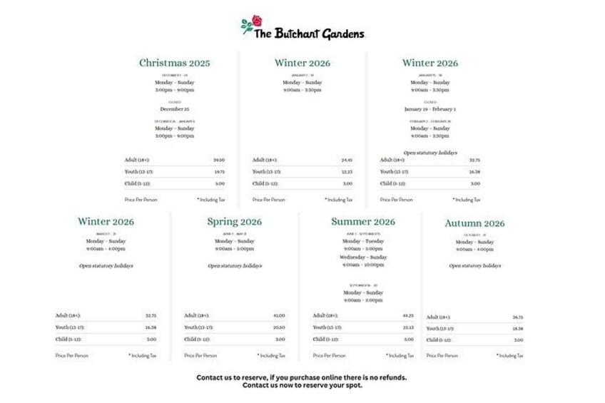 A seasonal calendar of The Buxton Gardens with opening hours and prices for 2025, 2026, and 2027. 5