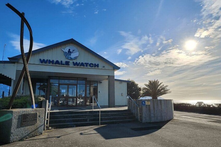 Een gebouw met de naam 'Whale Watch', een groot logo van een walvis, trappen naar de ingang en een heldere lucht. 2
