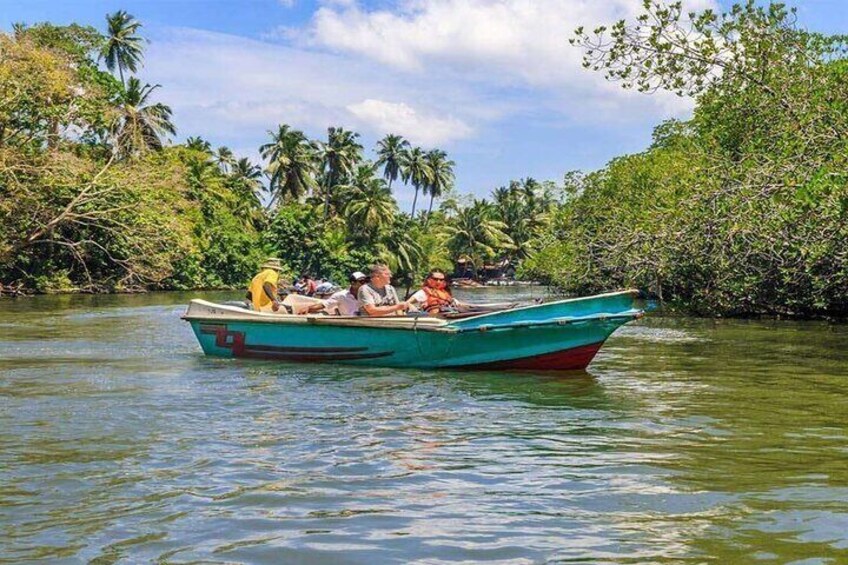 Un bote con pasajeros en un río rodeado de palmeras. 2