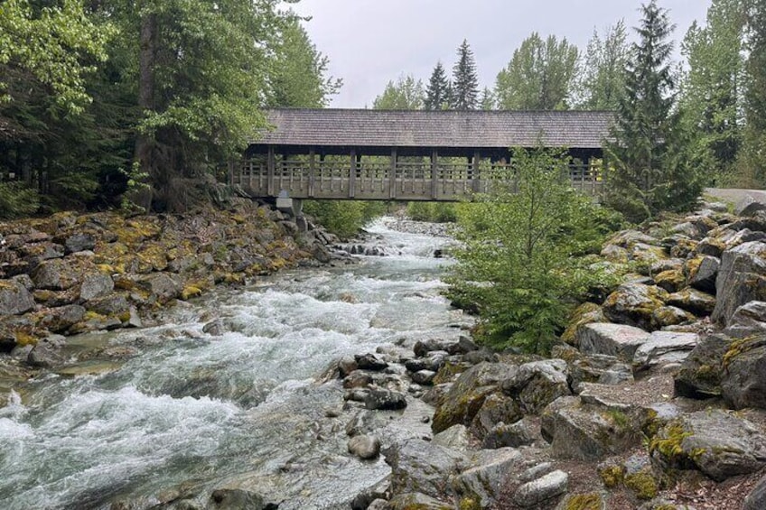 A river with a wooden bridge, surrounded by rocks and trees. 3
