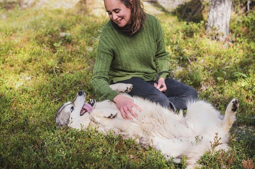 A person sitting on the ground with a white dog. 2
