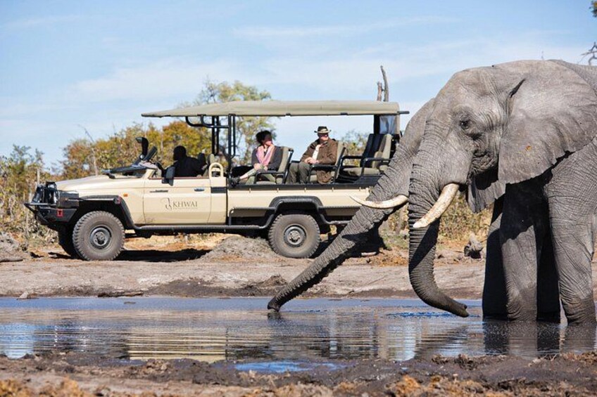 A safari vehicle with passengers observing an elephant drinking water. 3