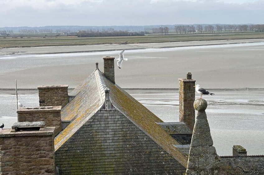 A building with a sloped roof, stone chimneys, and a weathervane. 5