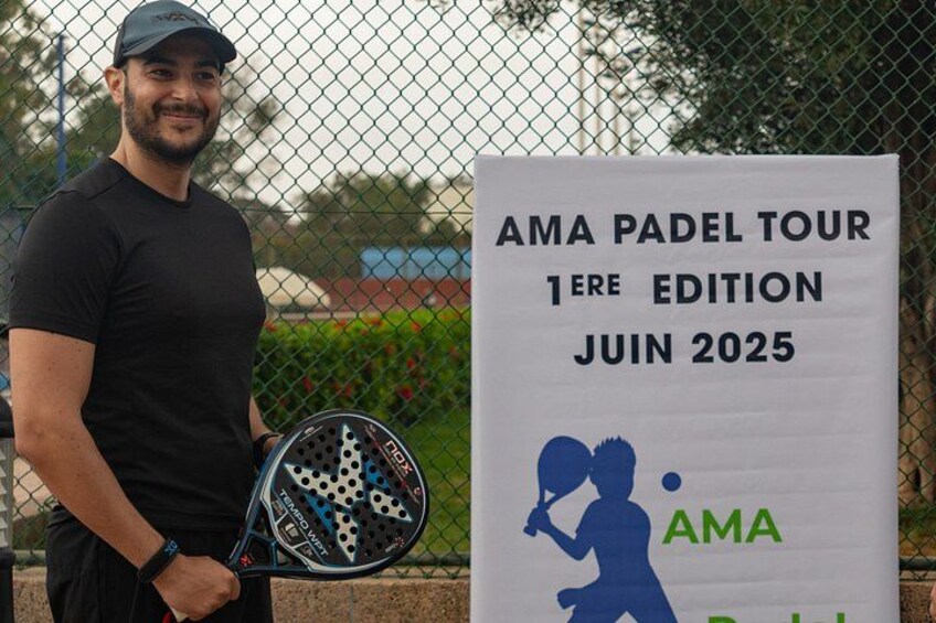 A person holding a tennis racket, a sign for the 'AMA PADEL TOUR 1ere Edition June 2025', and a silhouette of a person playing paddle. 5