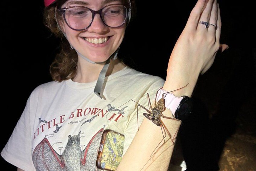 A person wearing a white t-shirt with a graphic design, holding a hand with a large insect on it. 3