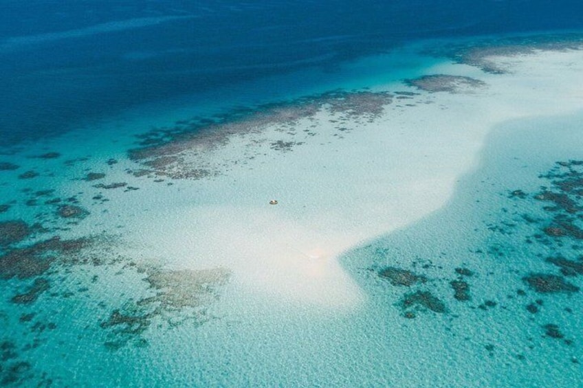 Vista aerea di una barriera corallina con acque cristalline turchesi e formazioni coralline sparse. 4