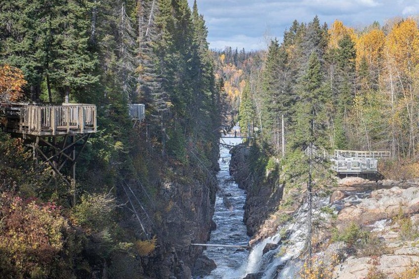 A forested canyon with a waterfall, wooden platforms, and a bridge. 3