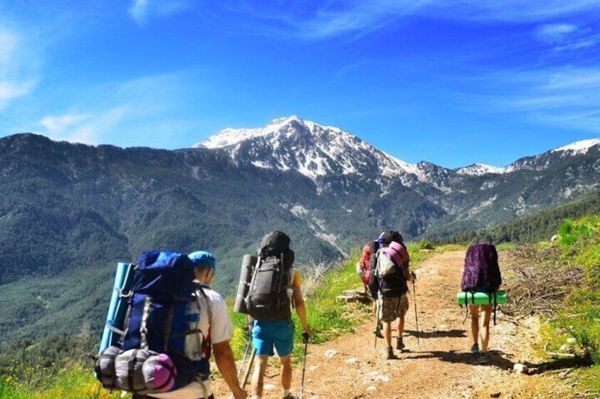 Hikers on a mountain trail with snow-capped peaks in the background. 2