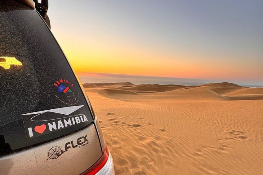 Ein Fahrzeug mit Aufklebern 'I ♥ NAMIBIA' und 'FLEX', das durch eine Wüstenlandschaft mit Sanddünen fährt. 4