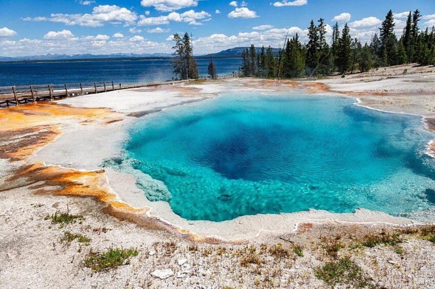 A large turquoise hot spring surrounded by white sand and sparse vegetation. 5