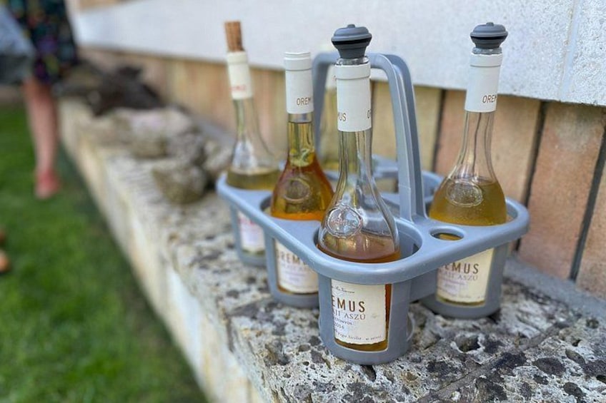 Botellas de vino en un estante metálico sobre un alféizar de piedra. 5