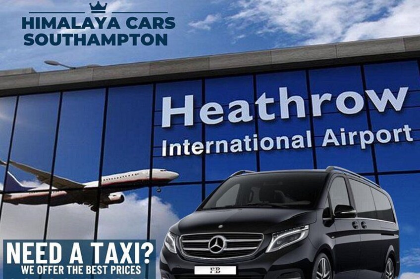 A Mercedes-Benz van in front of Heathrow International Airport with an airplane in the background. 1