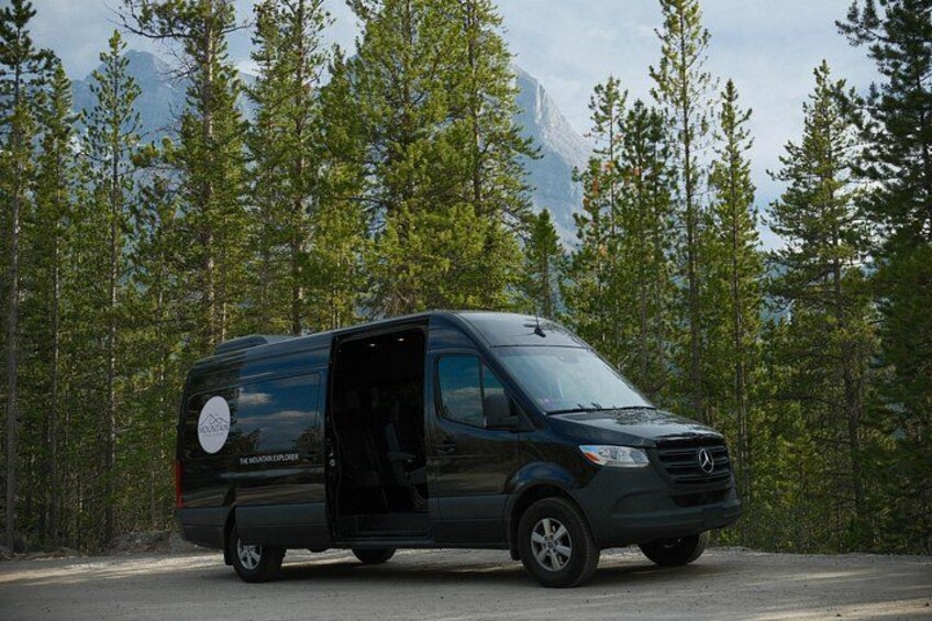 A black van parked on a road with a forest and mountains in the background. 2