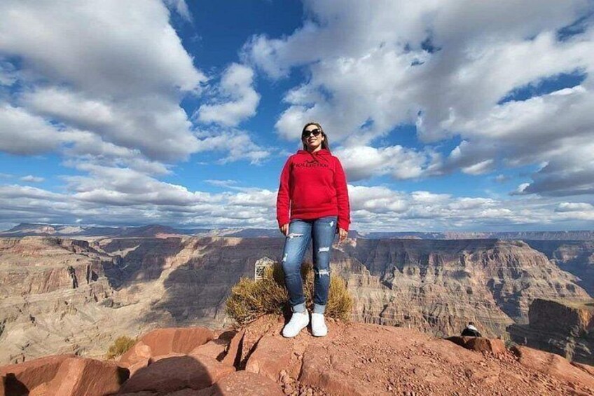 A person standing on a rocky outcrop with a vast canyon landscape in the background. 4