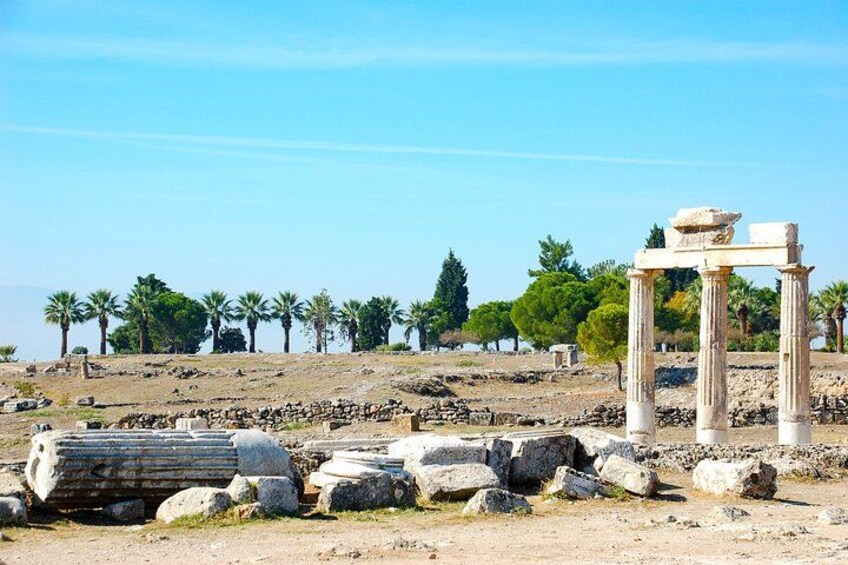 Ancient ruins with columns and stone structures, palm trees, and a clear sky. 4