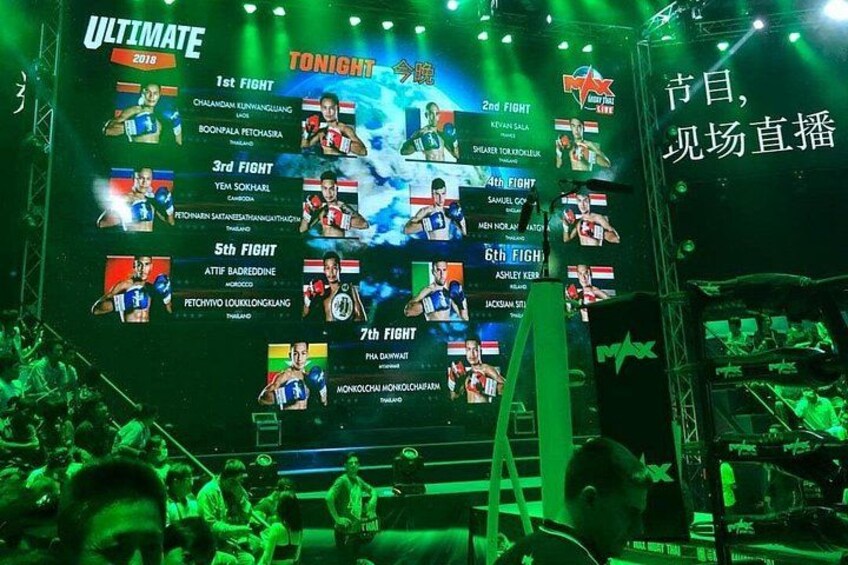 En scene med program for en begivenhed kaldet 'Ultimate 2018', der viser kæmpere fra forskellige lande. 2