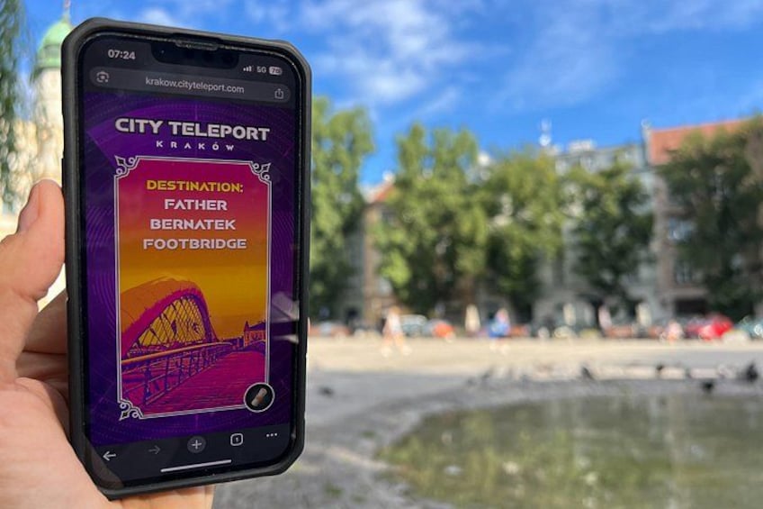 A smartphone displaying a city teleport app with a destination named 'Father Bernatek Footbridge.' 1