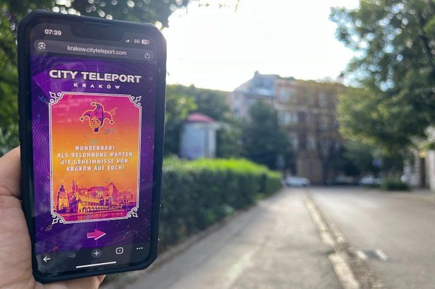 A smartphone displaying the 'City Teleport Krakow' app with a cityscape graphic. 3