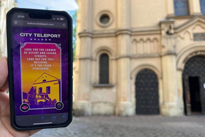 A smartphone displaying a city teleport app with a building in the background. 4
