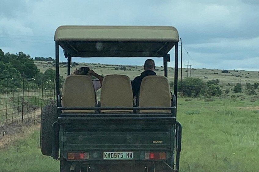 A vehicle with two passengers and a license plate. 1