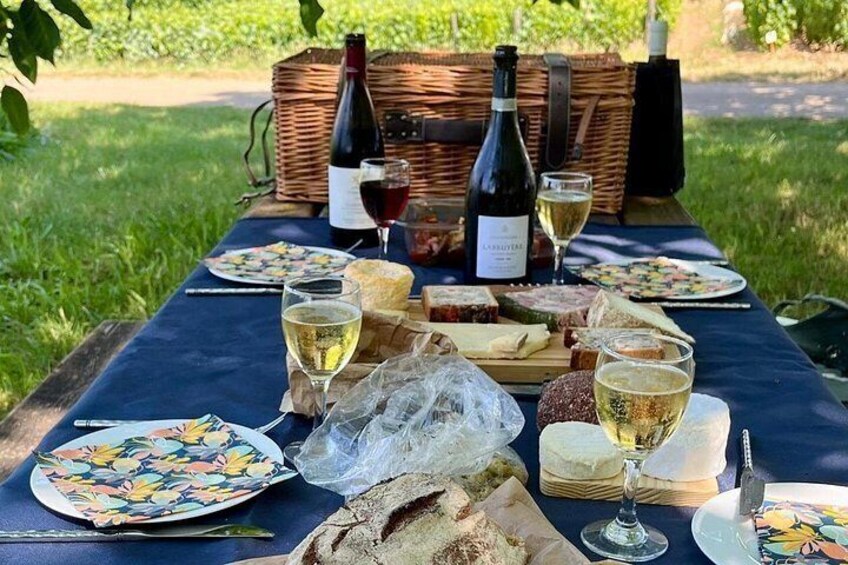 A picnic setup with a table, wine bottles, cheese, bread, and a basket in a grassy area. 2