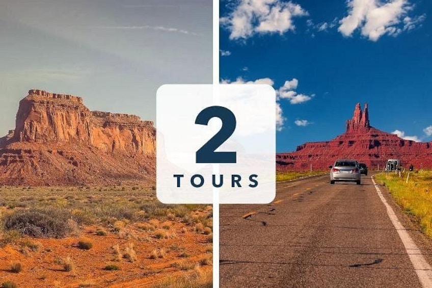 A desert landscape with a prominent red rock formation and a road with a car. 1