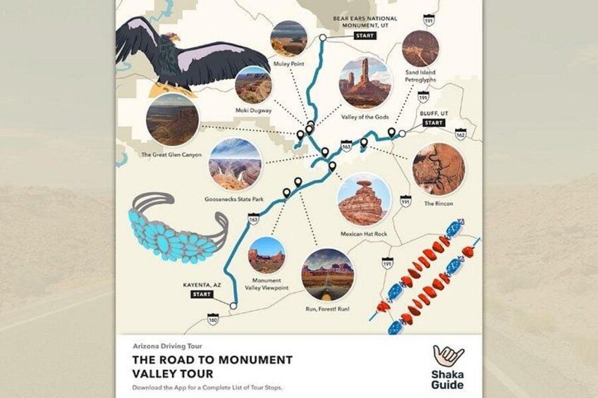 A travel map titled 'The Road to Monument Valley Tour' with various landmarks and routes. 3