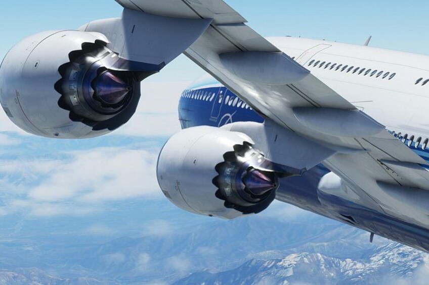 An airplane wing with engines and a mountainous landscape below. 2