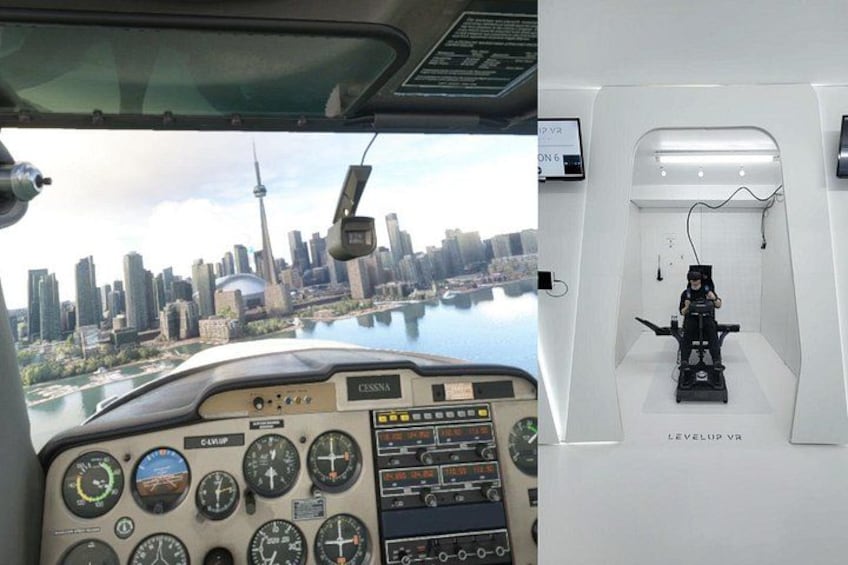 A cockpit with a cityscape view, a control panel, and a LevelUP VR display. 1