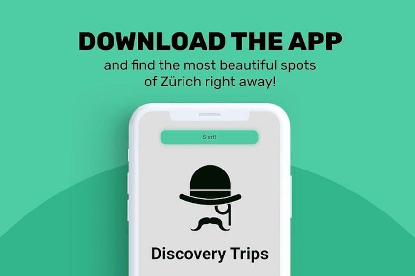 A smartphone with the app 'Discovery Trips' displayed, featuring a hat icon and a 'Start' button. 2