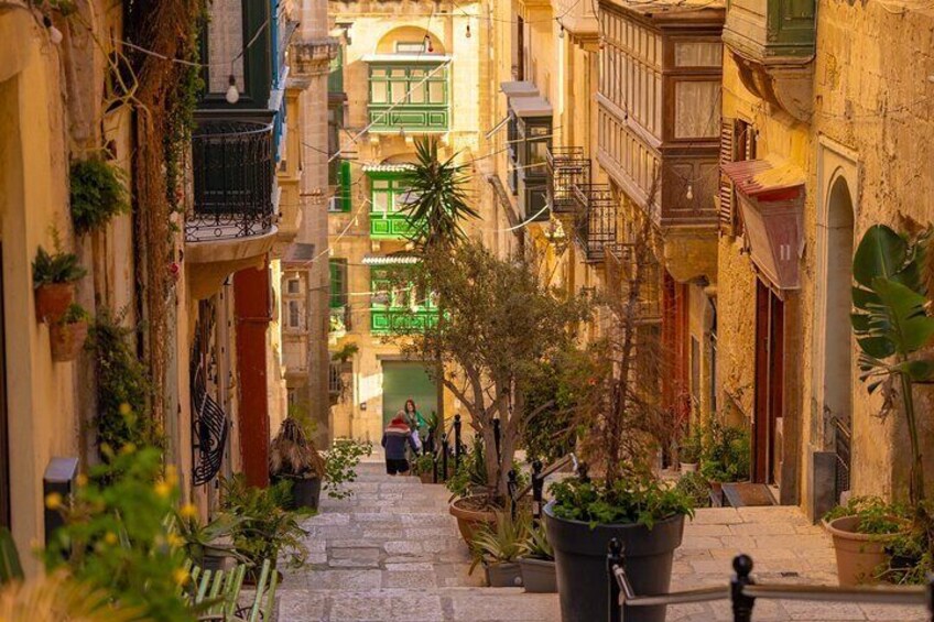 Une ruelle étroite, bordée de bâtiments des deux côtés, avec des plantes en pot et quelques personnes qui se promènent. 5