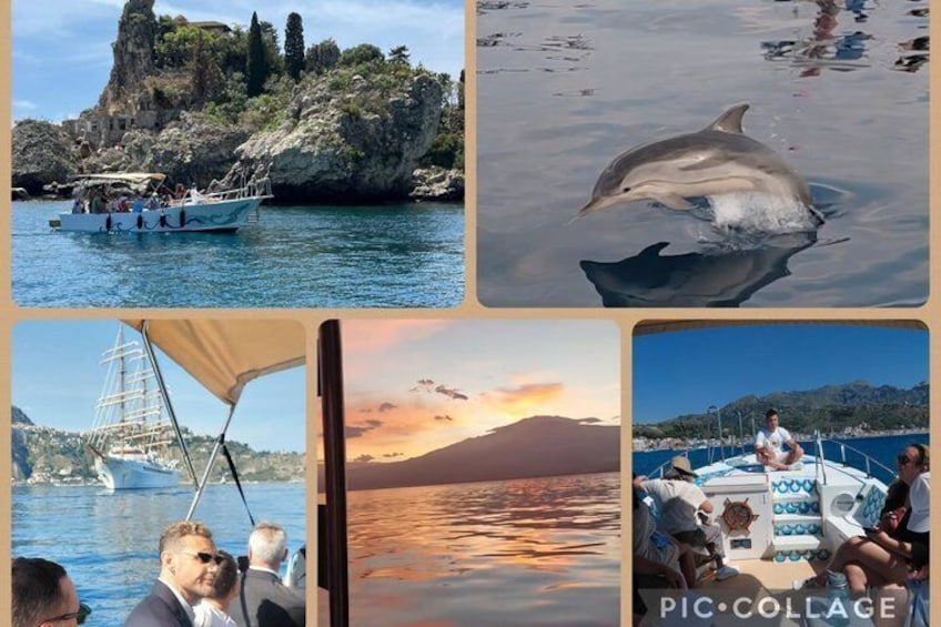 A boat near rocky cliffs, a dolphin in the water, a sailboat, a sunset over water, and people on a boat. 1