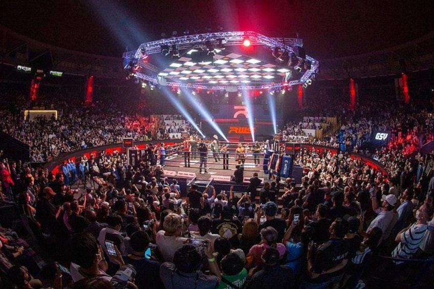 A wrestling ring surrounded by a large audience in a stadium. 5