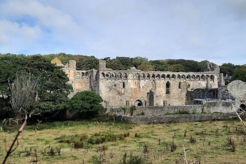 An ancient stone fortress with arched windows and a surrounding wall, set in a grassy field with trees. 5