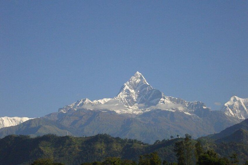 A snow-capped mountain peak with forested slopes in the foreground. 5